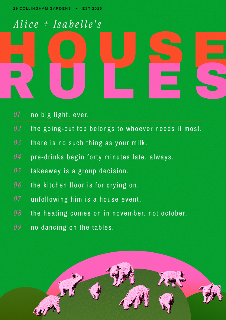 Green House Rules print with three hills and pink pigs