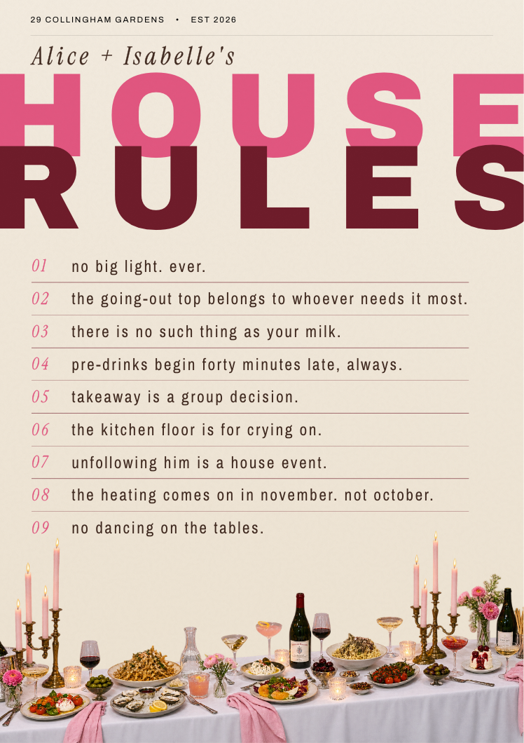 Cream House Rules print above a candlelit table laid for a party